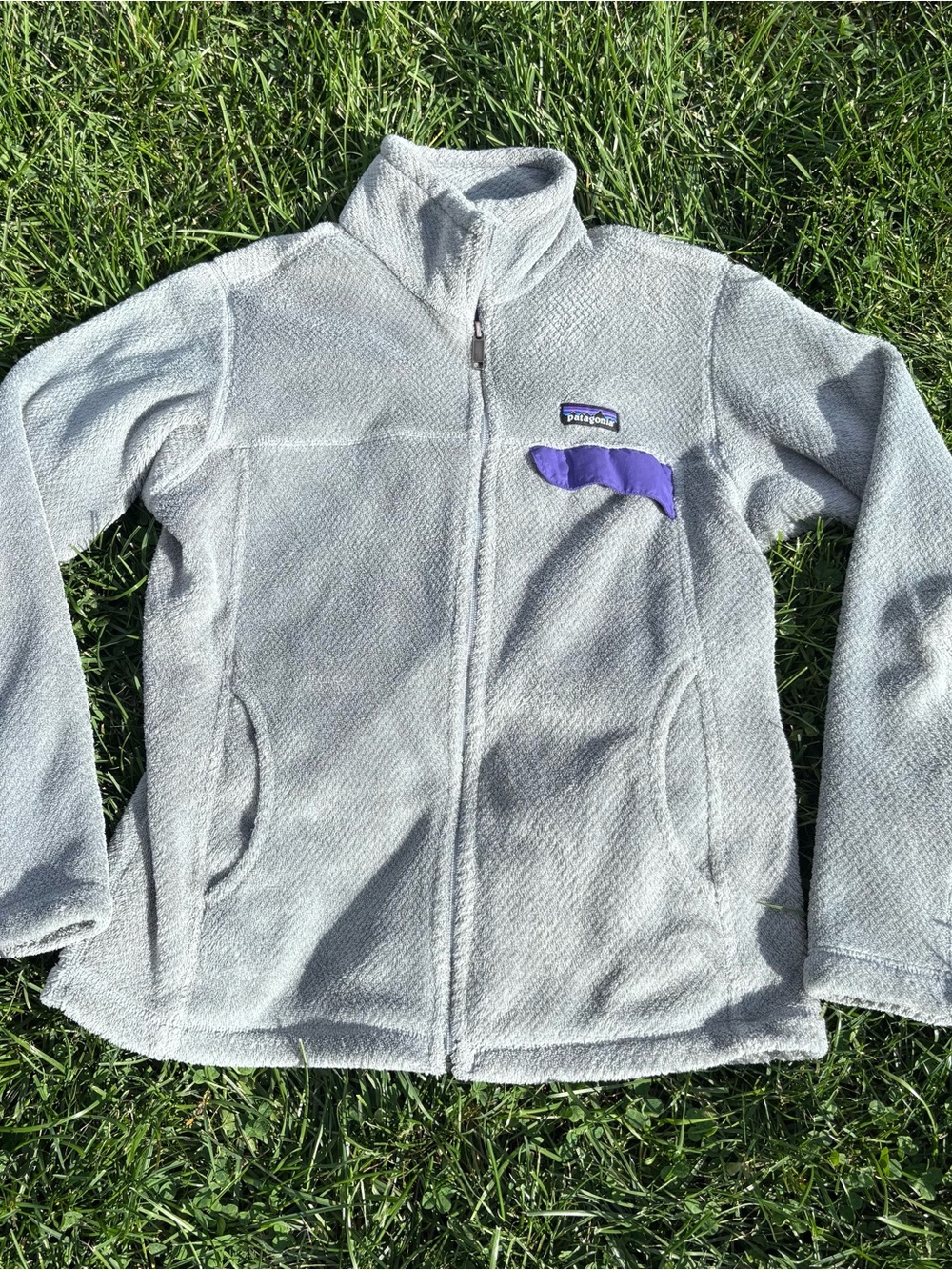 Patagonia Light Gray Fleece Jacket with Purple Chest Accent